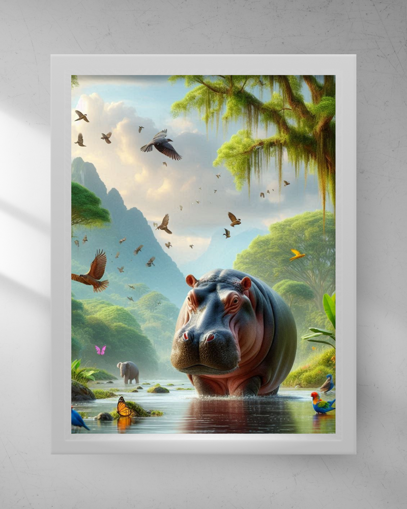 Quadro Decorativo - Hipopótamo na floresta mágica