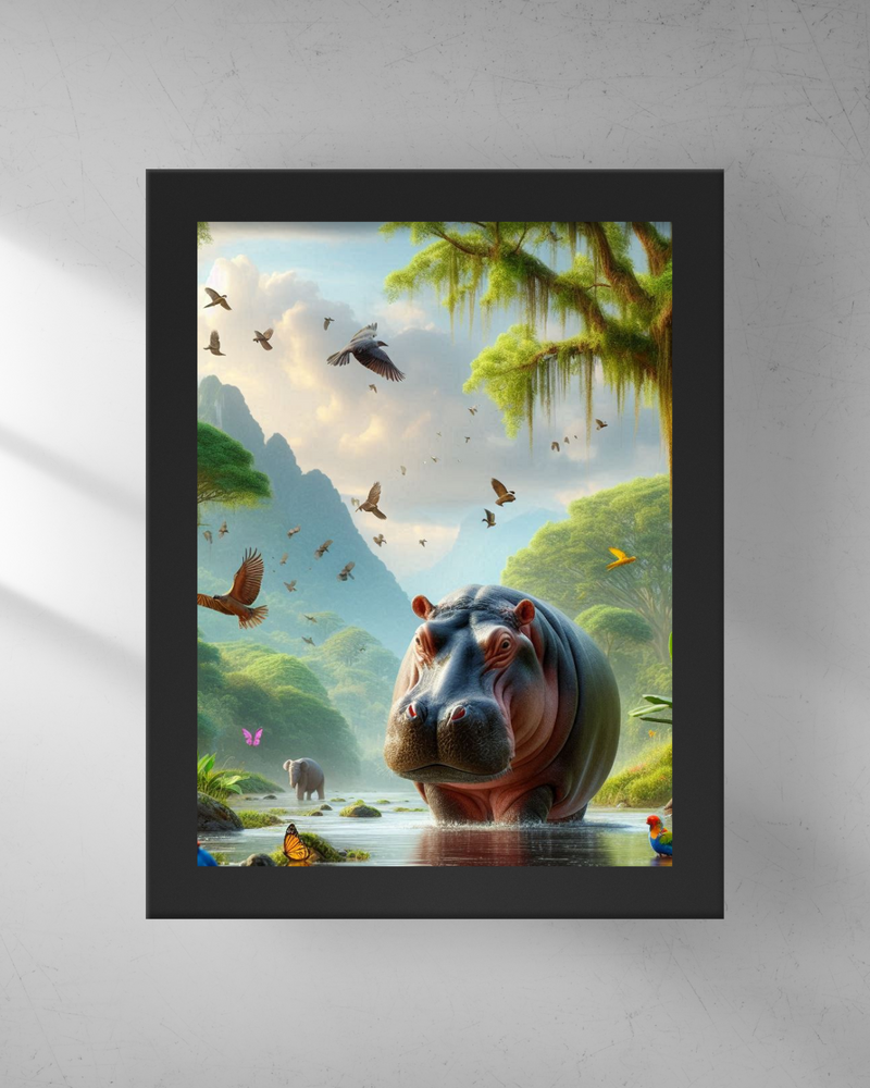 Quadro Decorativo - Hipopótamo na floresta mágica